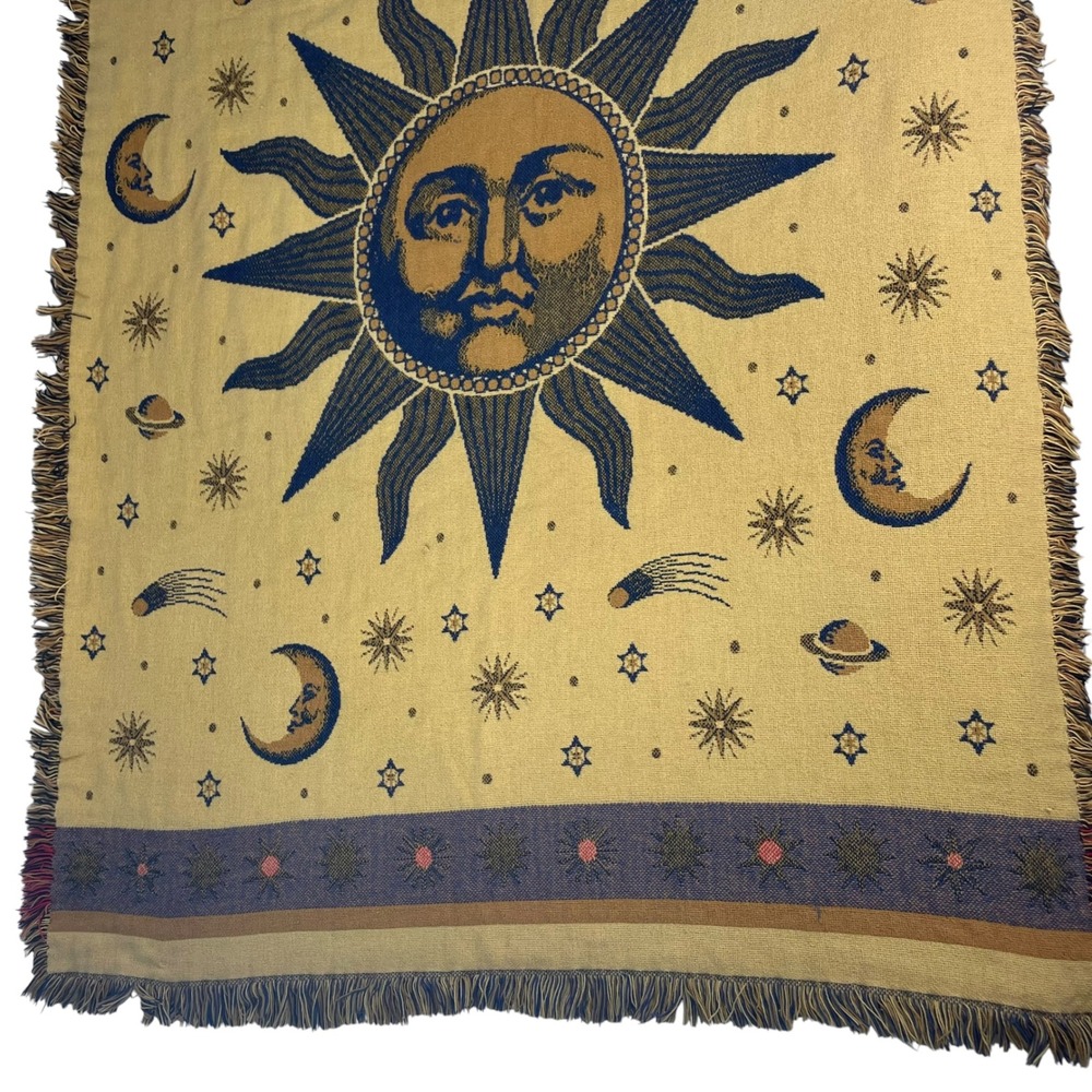 Celestial Blanket Sun Moon Stars Woven Throw FLAWS Hippie Boho Bohemian Witchy - Picture 6 of 16